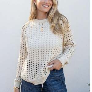Voyageur by Mersea Sweater Size Medium Cream Amalfi Cotton Crochet Open Knit